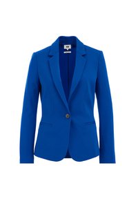 Blazer blu su misura con chiusura a un bottone, rever a punta e due tasche frontali. Tessuto liscio con una vestibilità strutturata.
