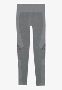 Šedé atletické legíny s priliehavým strihom, kontrastnými textúrami panelov a zipsovými vreckami po stranách.