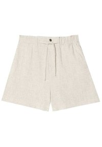 Beige linnen shorts met een elastische tailleband, een knoop aan de voorkant en een trekkoordsluiting.