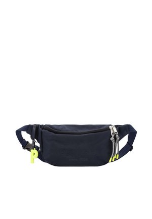 Navy blue waist bag with two silver zippers, black-and-white cord pulls ending in neon yellow tips, and a neon yellow "P" keychain on the strap.