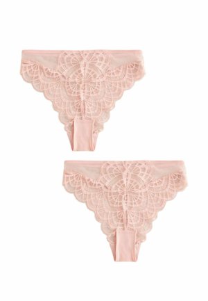 Kaks paari heleroosa pitsist naistepesu laineliste äärtega, üks näitab eestpoolt ja teine tagant.