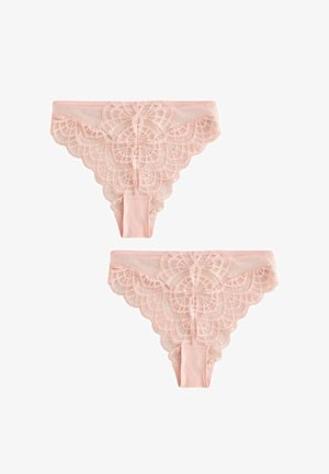 To par lyserøde blonder undertøj til kvinder med bølgede kanter, den ene viser forfra og den anden bagfra.