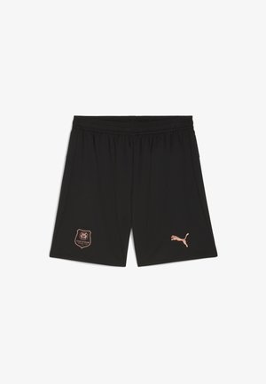 Schwarze Sportshorts mit elastischem Bund, einem rose-goldenen Vereinswappen auf dem linken Oberschenkel und einem rose-goldenen Puma-Logo auf der rechten Seite.