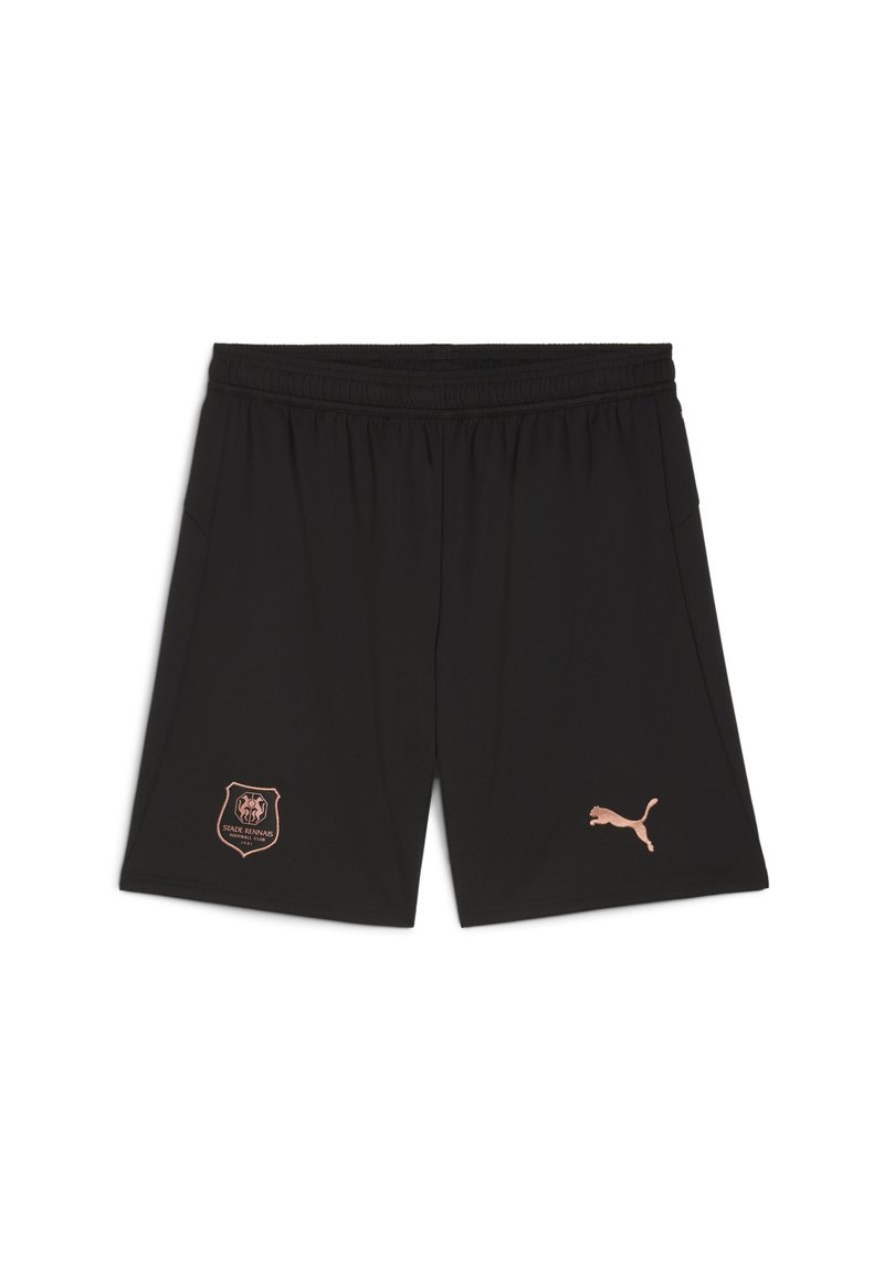 Svarta sportshorts med elastisk midja, en roséguld klubbvapen på vänster lår och en roséguld Puma-logotyp på höger.