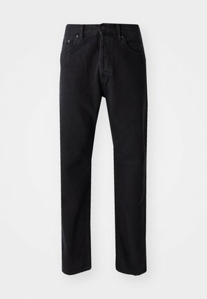 Black denim jeans with a straight cut, five pockets, and a button closure. Features visible stitching and a soft, textured fabric.