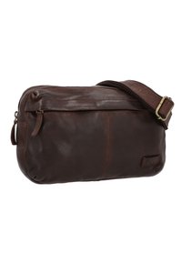 Brown leather crossbody bag with a zip closure, featuring a front pocket and an adjustable strap. Smooth texture with a slight sheen.