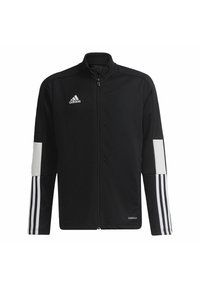 Chaqueta atlética negra con cuello alto, cierre completo, logo de Adidas en blanco, acentos blancos en las mangas y tres rayas blancas en los puños.