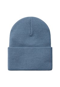 Gorro azul de punto suave con un puño doblado, diseñado para brindar calidez y uso casual.