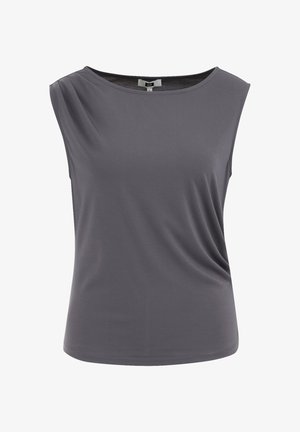 Szürke, ujjatlan felső, puha, könnyű anyagból készült. Széles nyakkivágással és enyhe ráncolási részlettel rendelkezik az oldalon.