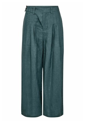 Széles szárú nadrág texturált tengerzöld anyagból, magasított derékkal, elöl pliszírozott és oldalsó rögzítéssel.