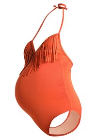 Graviditetsbadedrakt i knallorange med frynse-detaling ved bysten, justerbare stropper og utskårne sider for komfort og stil.