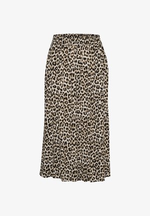 Fustă cu imprimeu de leopard, realizată dintr-un material ușor, având un brâu elastic și o siluetă evazată care se extinde până la jumătatea gambelor.