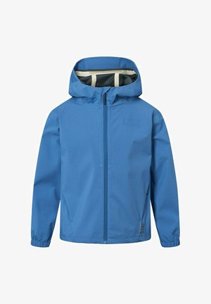 Hellblaue wasserdichte Jacke mit Reißverschluss, verstellbarer Kapuze, elastischen Bündchen und Netzfutter. Verfügt über ein minimalistisches Nähmuster.