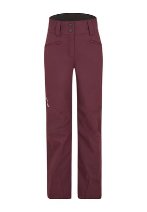 Burgundy waterproof ski pants with two zip pockets, adjustable waistband, and reinforced knees. Smooth texture and fitted design.