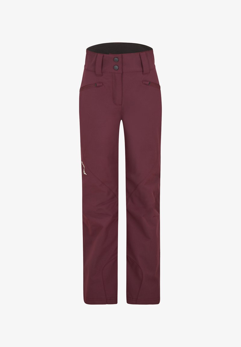 Burgunderfarbene wasserdichte Skihosen mit zwei Reißverschlusstaschen, verstellbarem Bund und verstärkten Knien. Glatte Textur und taillierter Schnitt.