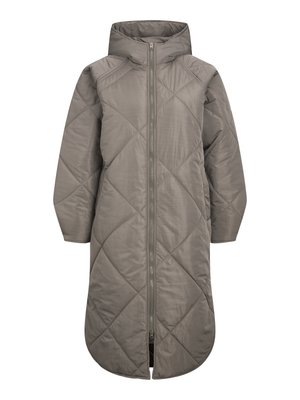 Długi, szary, ocieplany płaszcz z zamkiem błyskawicznym, w diamentowy wzór pikowania i z kapturem. Posiada gładką fakturę i boczne kieszenie.