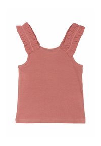 Rausvas tank top'as su raukšlėtomis petnešomis, apvaliu kaklu ir be papuošimų, pagamintas iš minkštos, tamprių medžiagų.