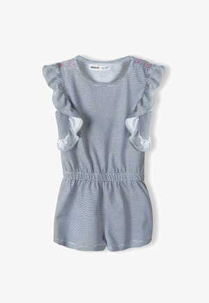 Pasiasty kombinezon w granatowo-białym kolorze, z falbaniastymi rękawami, marszczoną talią i guzikami na ramionach. Miękka faktura tkaniny.