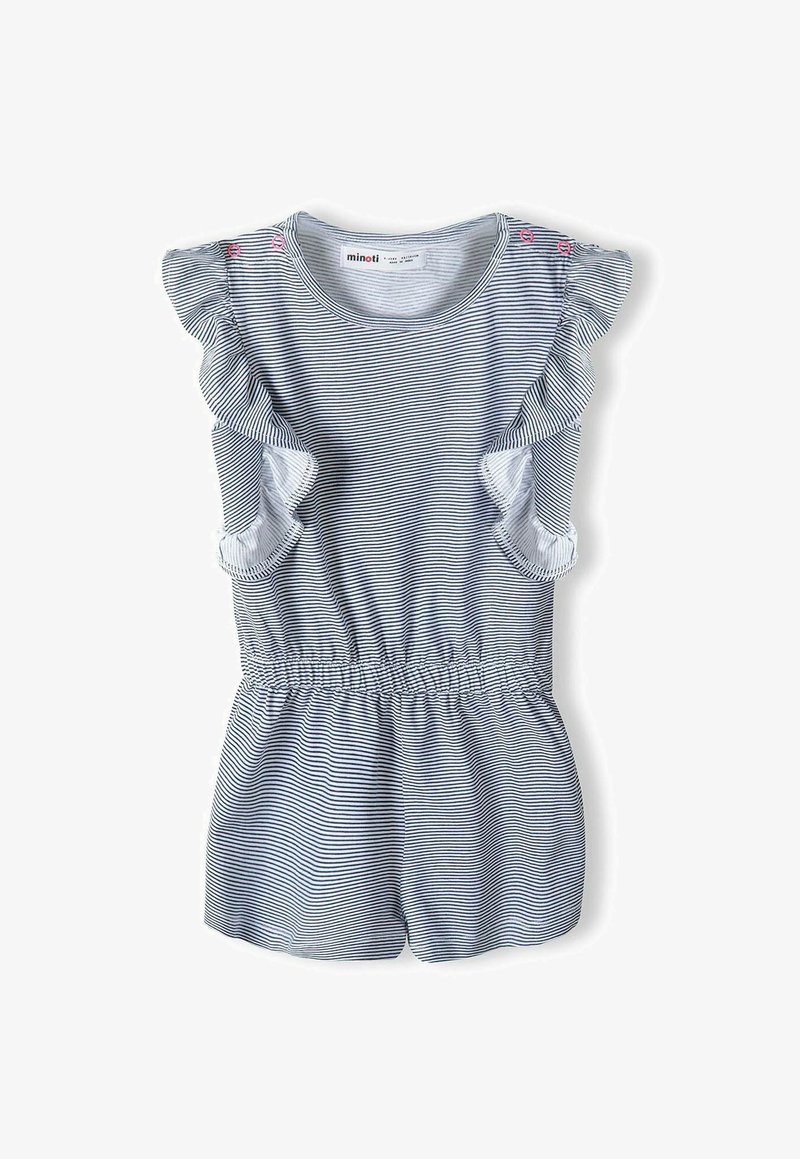 Prugasta kombinezonka v mornarsko modri in beli barvi, z nabranimi rokavi, nabranim pasom in gumbi na ramenih. Mehka tekstura blaga.