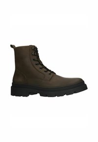 Stivale alla caviglia in pelle marrone con suola in gomma nera robusta, punta rotonda, lacci neri e una linguetta sul retro per indossarlo facilmente.