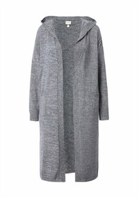 Grå stickad cardigan med huva, öppen front, långa ärmar och en texturerad fungerande. Mellanlång och lätt för lager-på-lager.