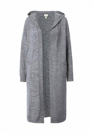 Grau gestrickte Strickjacke mit Kapuze, offenem Vorderteil, langen Ärmeln und strukturiertem Stoff. Mittellang und leicht, ideal zum Layering.