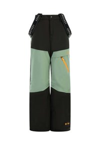 Pantaloni da neve con bretelle regolabili, caratterizzati da blocchi di colore nero e verde chiaro, tessuto impermeabile, tasca con zip e dettaglio con logo.