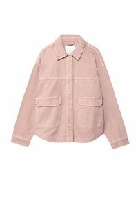 Giacca in velluto a coste rosa chiaro con chiusura anteriore a bottoni, due grandi tasche frontali e colletto classico. Tessuto morbido, vestibilità rilassata.