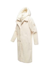 Lange crèmekleurige jas van pluche materiaal, met een capuchon, knoopsluiting en zijzakken. Zachte textuur met een gestructureerde silhouet.
