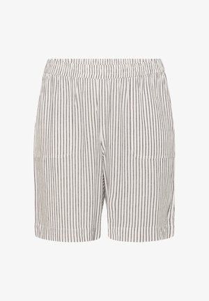 Prugaste lagane šorceve s elastičnom strukom, koji imaju vertikalne bijele i sive pruge te dva bočna džepa za funkcionalnost.