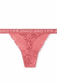 Roze kanten string met golvende randen. Voorzien van een gemarkeerde elastische tailleband. Materiaal is zacht en met bloemenpatroon.