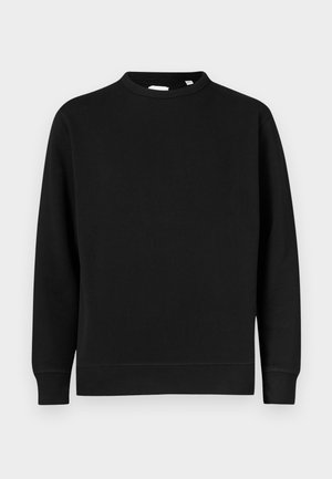 Black sweatshirt featuring a crew neck, long sleeves, and ribbed cuffs and hem. Made from soft cotton material with a smooth texture.
