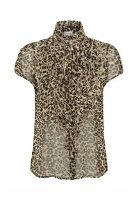 Blouse à imprimé léopard avec manches courtes, devant à volants et col montant. Confectionnée en tissu transparent aux tons beige et marron. Fermeture à boutons.