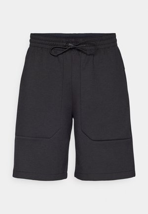 Bermudas deportivas negras con una cinturilla elástica, cordón y dos bolsillos frontales, con un acabado texturizado y corte recto.