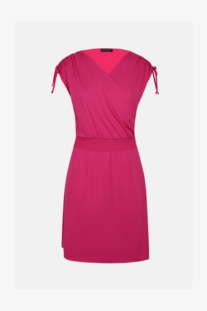 Fuchsia roze jurk met een V-hals, gathered mouwen en een smock tailleband. Gemaakt van lichtgewicht stof, knielange design.