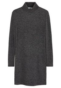 Tmavě šedé rolákové šaty vyrobené z měkké tkaniny, s dlouhými rukávy a volným střihem, hladkým povrchem a minimalistickým designem.