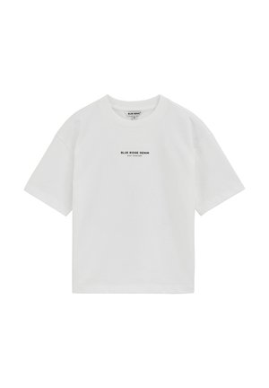 Biała koszulka z krótkim rękawem z nadrukiem "BLUE RIDGE DENIM Stay Fearless" w małym czarnym druku na środku przodu.