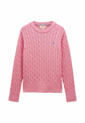 Ružový pletený sveter s dlhými rukávmi, rebrovanými manžetami a spodným lemom, a malou modrou logom na ľavej hrudi.