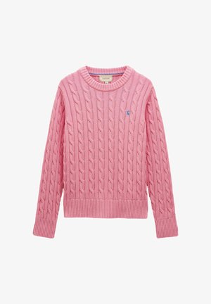 Roosa sooniku hõlmadega kootud kampsun, millel on soonikkoes mansetid ja äär, ning vasakul rinnal väike sinine logo.