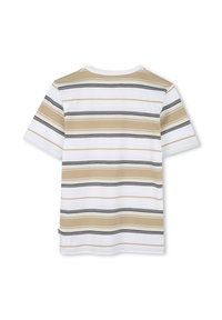 T-shirt a maniche corte a righe con linee orizzontali bianche, beige e nere, con collo rotondo. Materiale in cotone, texture liscia.