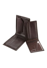Cartera de cuero marrón oscuro con múltiples ranuras para tarjetas, una ventana clara para identificación y un diseño plegado. Textura suave con sutiles detalles de costura.