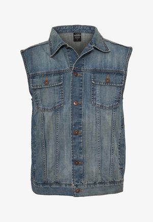 Veste en jean bleu décoloré avec un design sans manches. Elle dispose de deux poches poitrine, de boutons en métal et d'un col. Tissu texturé.