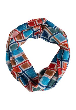 Bunt gemusterter Infinity-Schal mit geometrischem Design in Blau, Rot und Braun auf weißem Hintergrund, aus leichtem Stoff gefertigt.