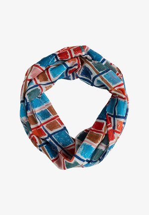 Écharpe multi-couleurs en forme d'infini avec un motif géométrique bleu, rouge et marron sur fond blanc, fabriquée en tissu léger.