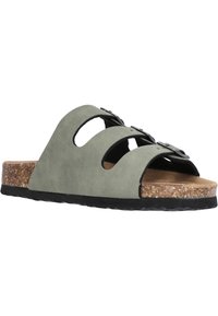 Grüne Wildleder-Sandalen mit drei Cut-out-Riemen, Korkfußbett und schwarzem Gummisole. Mit verstellbaren schwarzen Schnallen zum Schließen.