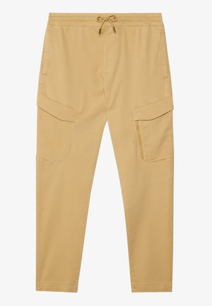 Beige Cargo-Hosen mit elastischem Bund, Kordelzug und mehreren Seitentaschen. Hergestellt aus glattem Stoff mit geradem Bein.