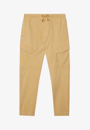 Bežinės cargo kelnės su elastinga juosmens juosta, raišteliu ir keliais šoninėmis kišenėmis. Pagamintos iš lygaus audinio su tiesiomis kojomis.