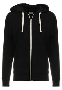 Sudadera con cremallera negra y cordones blancos, con bolsillos frontales, presentada sobre un fondo blanco.