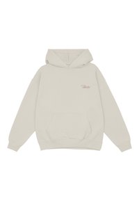 Svetlobežový hoodie s predným vreckom, kapucňou na šnúrku, voľným strihom, manžetami na rukávoch a malou potlačou loga na hrudi.
