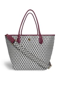 Kangashu, jossa on geometrinen mustavalkoinen kuvio, marooninväriset nahkaakkesit, kaksoiskahvat ja irrotettava hihna. Kultaista metalliosaa.